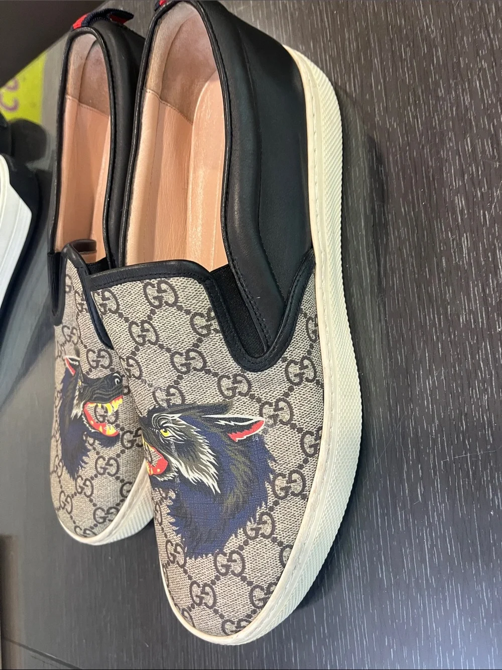 Gucci Beige GG Supreme Canvas Slip-On Sneakers with Black Wolf Graphic